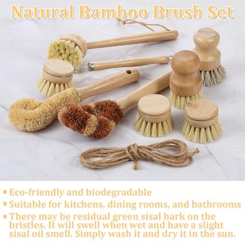 9 Pcs Bamboo Dish Brush Set Wooden with Sisal and Palm Fiber