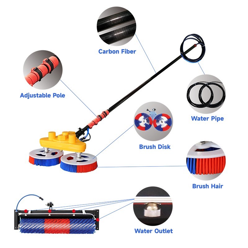 24ft solar panel cleaning brush with replaceable head brush Water Fed Rod Kit