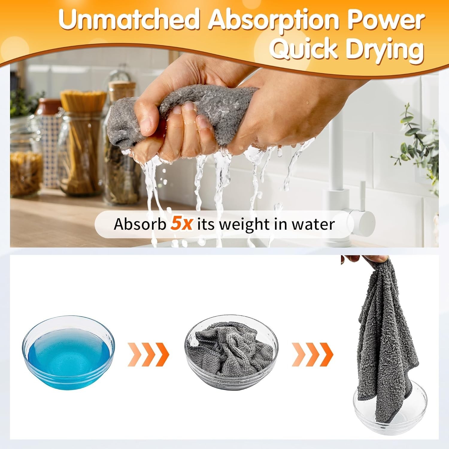 Microfiber Cleaning Cloth -Pack of 12, Highly Absorbent Cleaning RagsGrey&Ora…