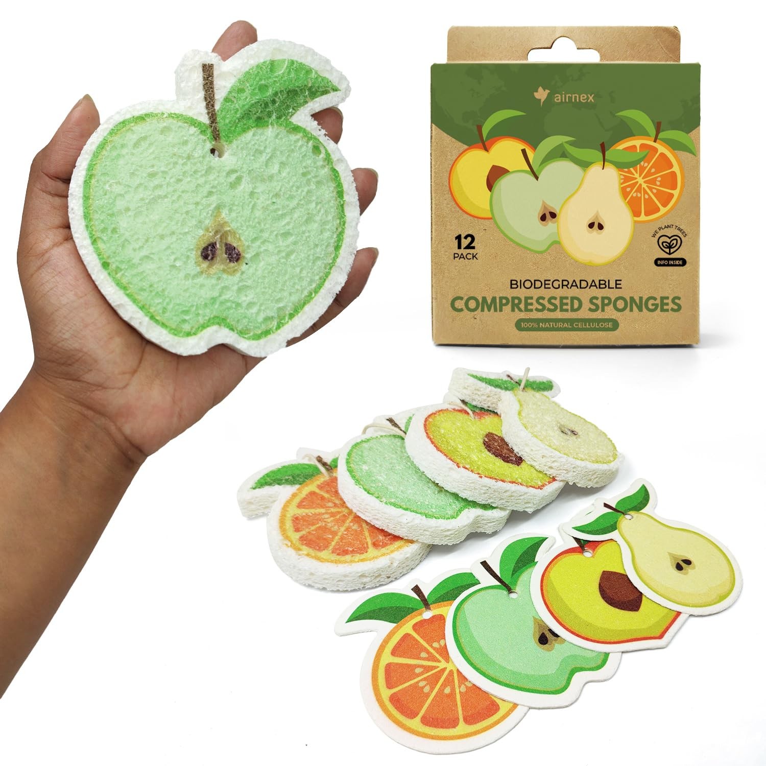 Compressed Cellulose Sponges – 12 Pack Fruit Shaped Natural Pop Up Dish Spong…