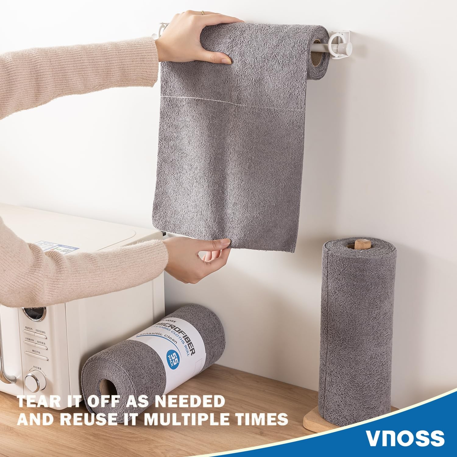Vnoss 55 Pack Microfiber Cleaning Cloth Roll, Tear Away 9”X11”-55PK, Grey