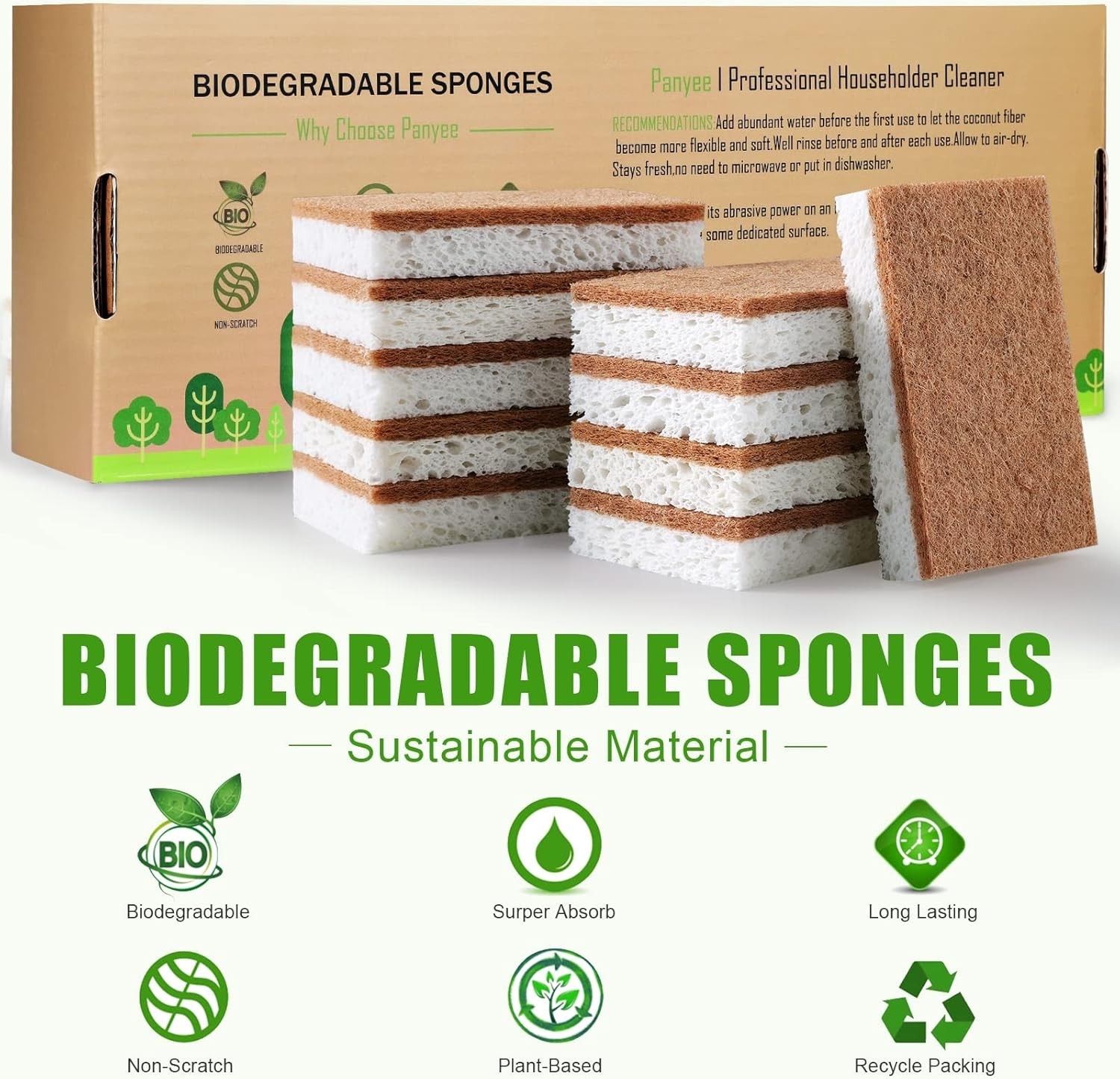 Biodegradable Natural Kitchen Sponge Pack of 12 Eco Friendly Plant-Based Scru…