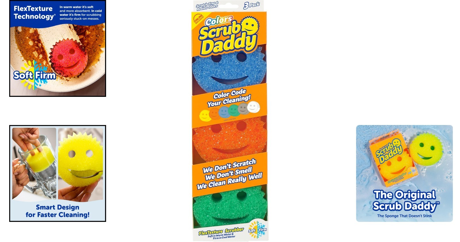 Exclusive Colors Scrub Daddy 3 Count Set – Scratch-Free, Odor Resistant Sponges