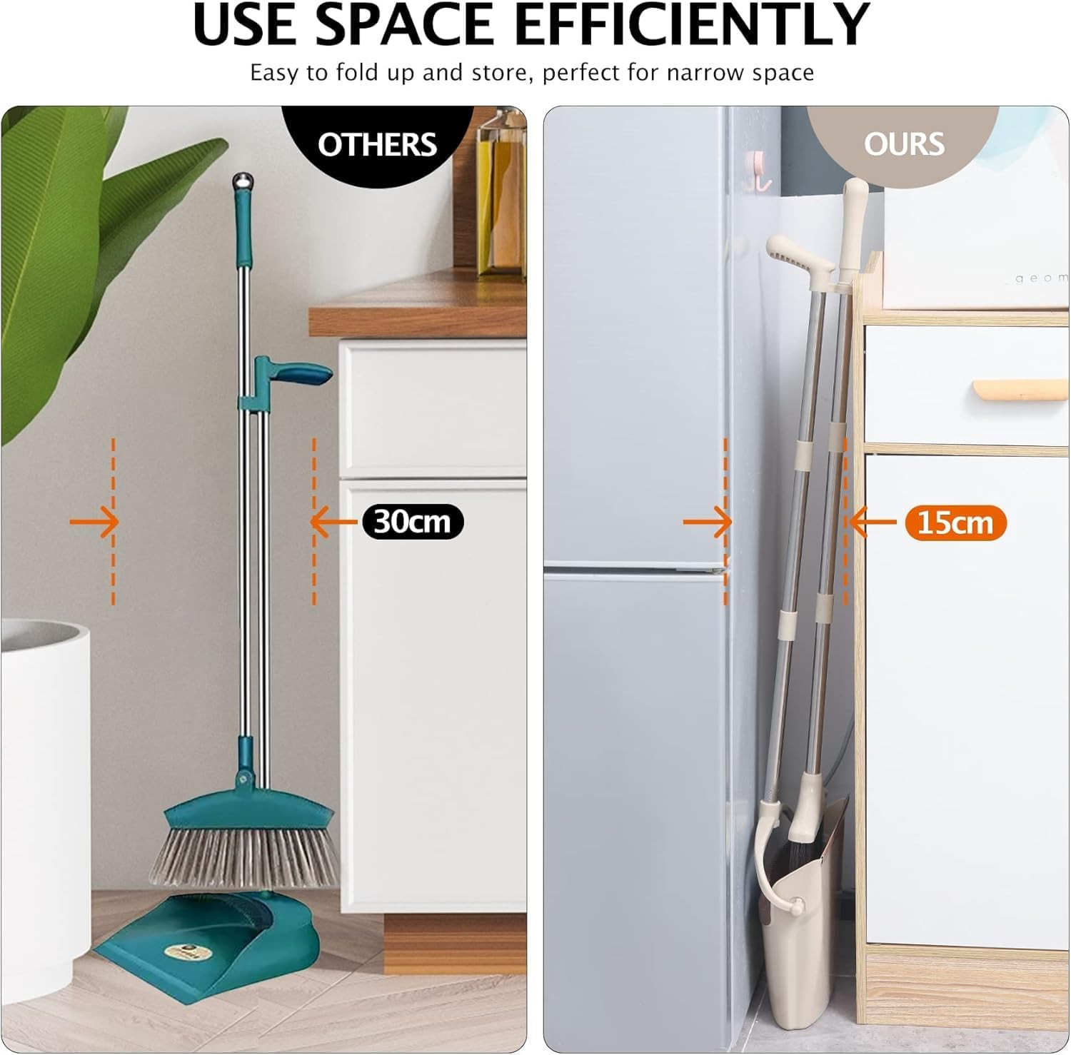 Broom and Dustpan Set with Long Handle, Light Weight Stainless Steel Poles Stand