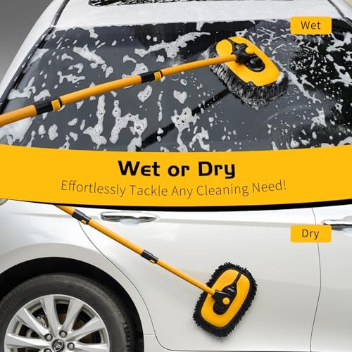15°Curved Car Wash Brush with Long Handle, 43″ Car Cleaning Black and Yellow