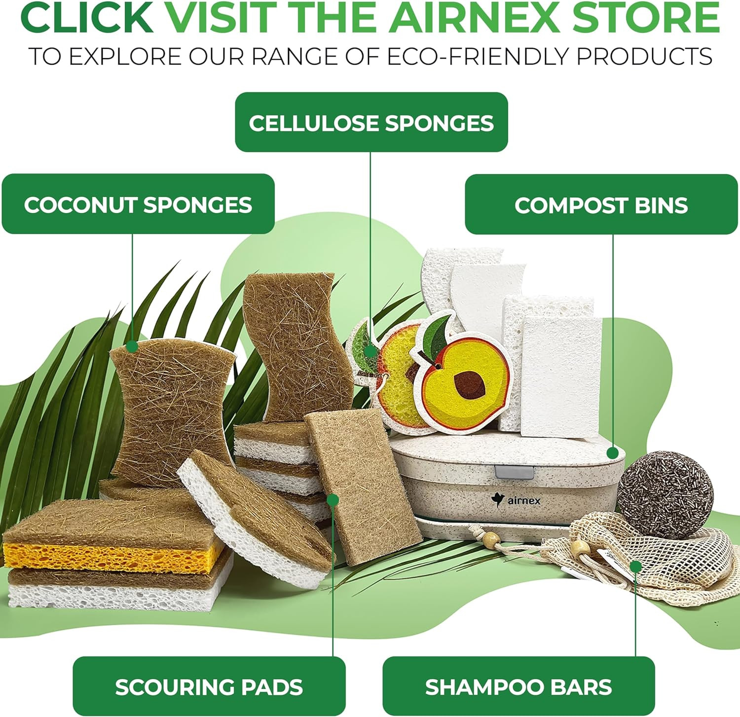 AIRNEX Natural Kitchen Sponges (12 Pack) – Biodegradable Cellulose & Coconut Scr