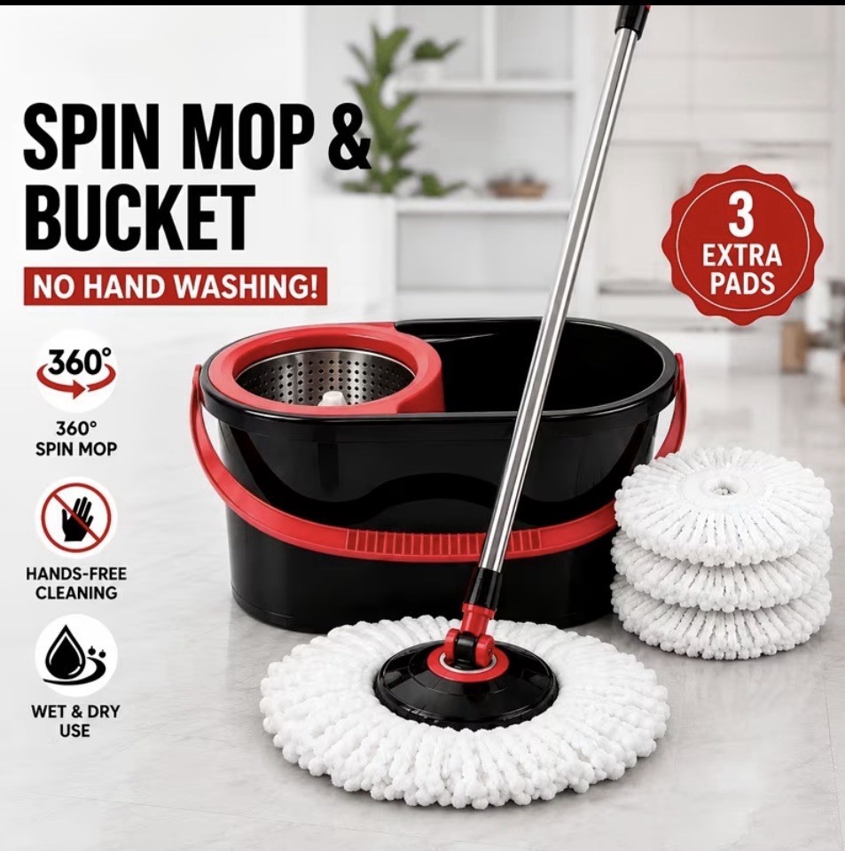 360 Spin Mop Bucket System Hands Free Self Wringing w/ 3 Microfiber Mop Heads