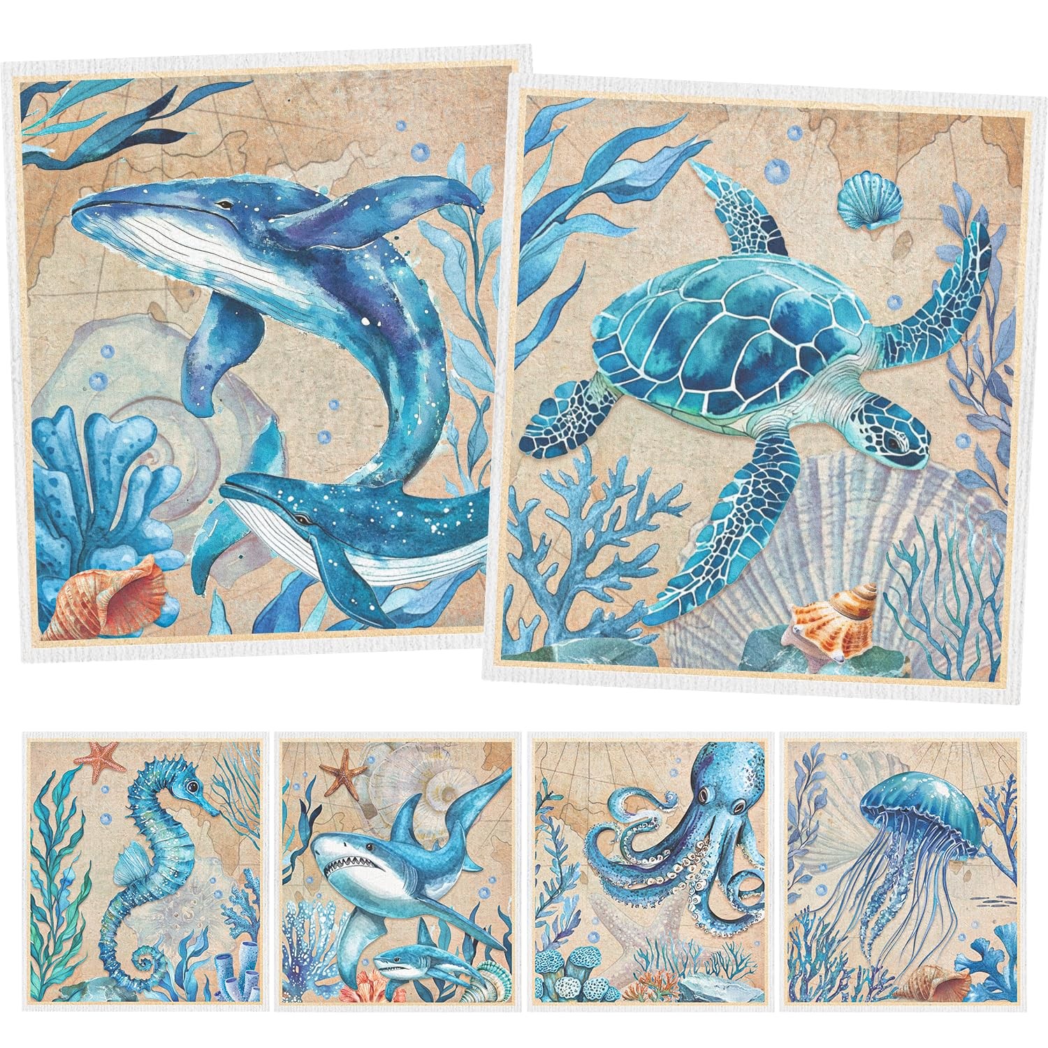 Sea Animals Swedish Dishcloths Reusable Absorbent Fast Drying Sponge Towel
