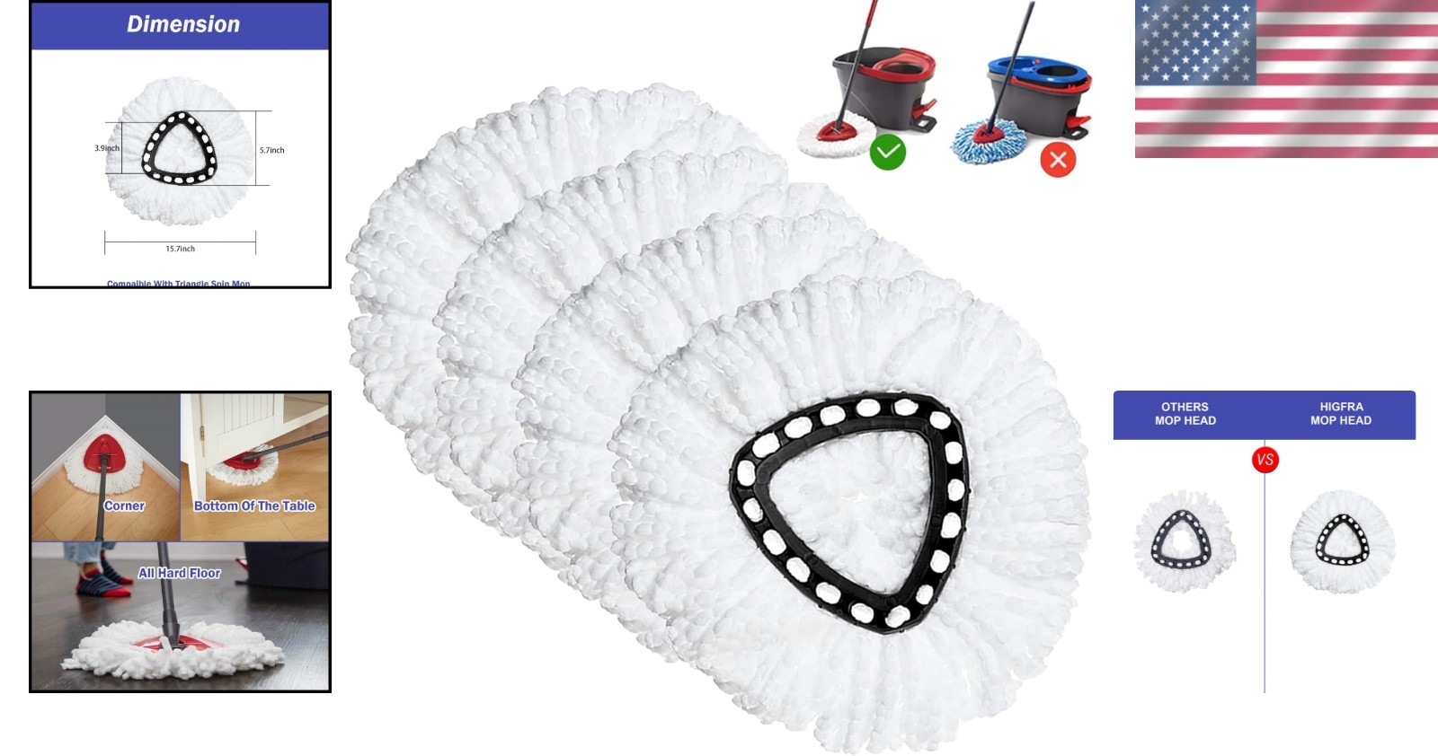 Spin Mop Replacement Head 4 Pack Microfiber Swivel Mop Refill Easy to Install