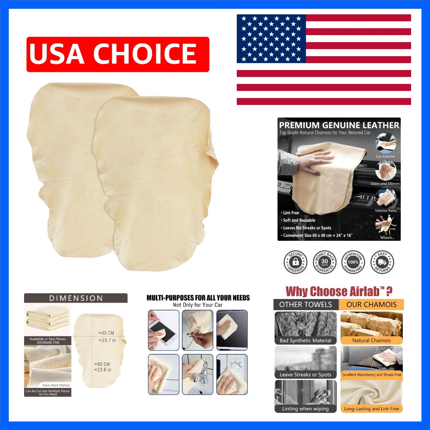 Chamois Cloth for Car 2 Pack Shammy Towel 24” x 16” 2.58 sq ft Each Super A…