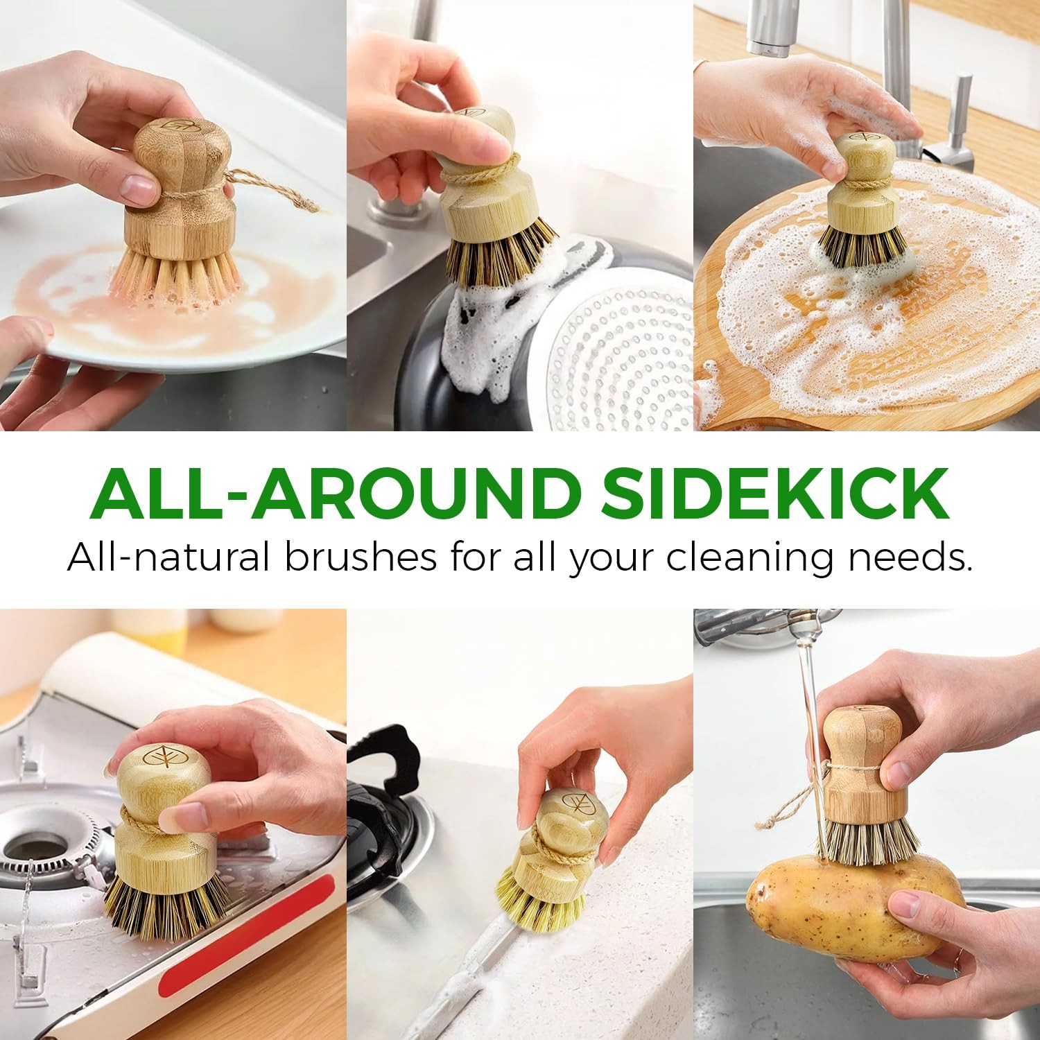 AIRNEX Bamboo Dish Brush Set of 3 – Natural Wooden 3 Pack,
