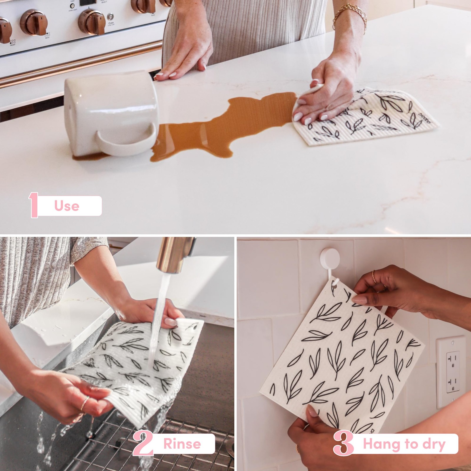 4 PCS Premium Swedish Dishcloths Reusable Washable Paper Towels W/ 2 Hooks