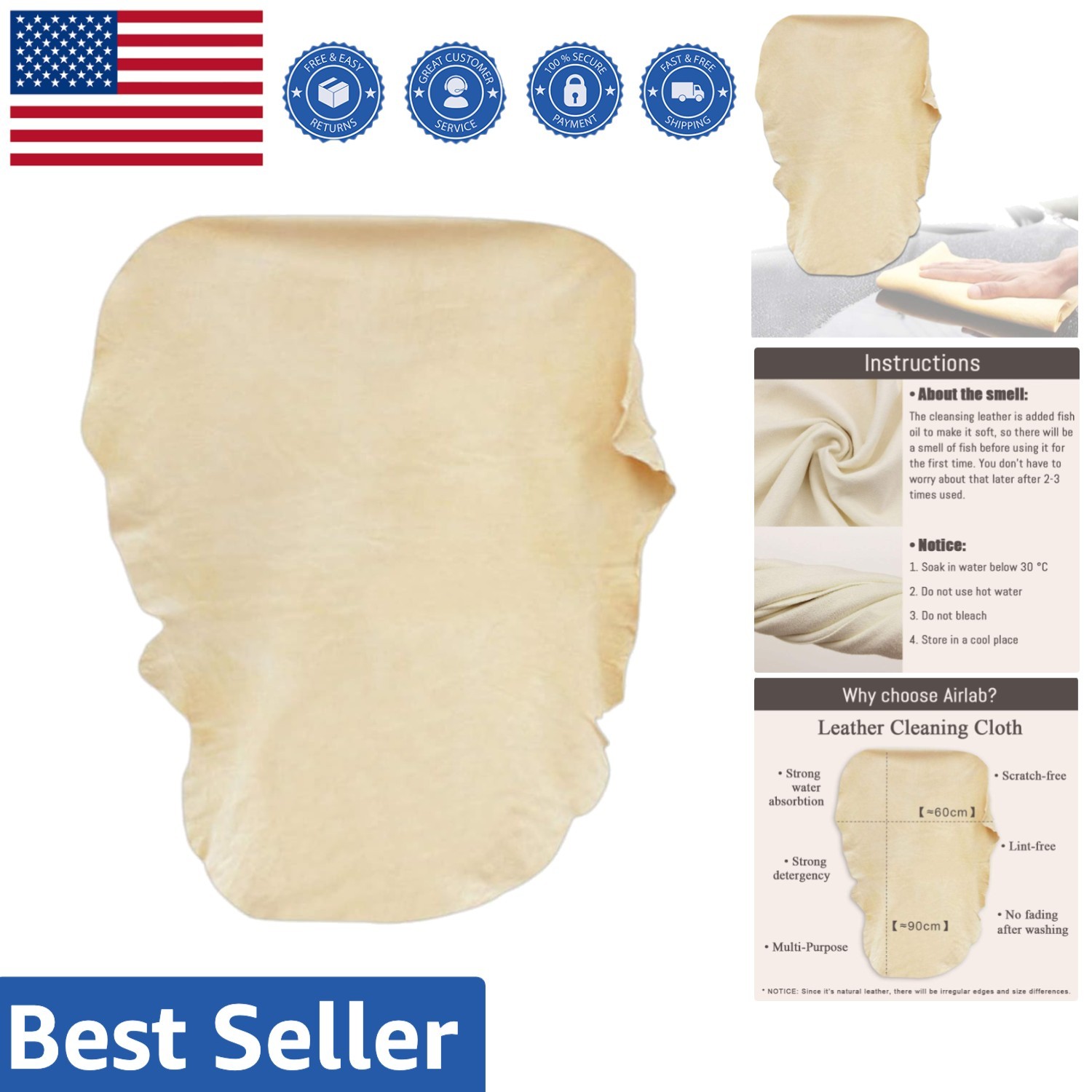 Extra-Large 35” x 23.6” Chamois Towel – Natural Leather for Scratch-Free Shine