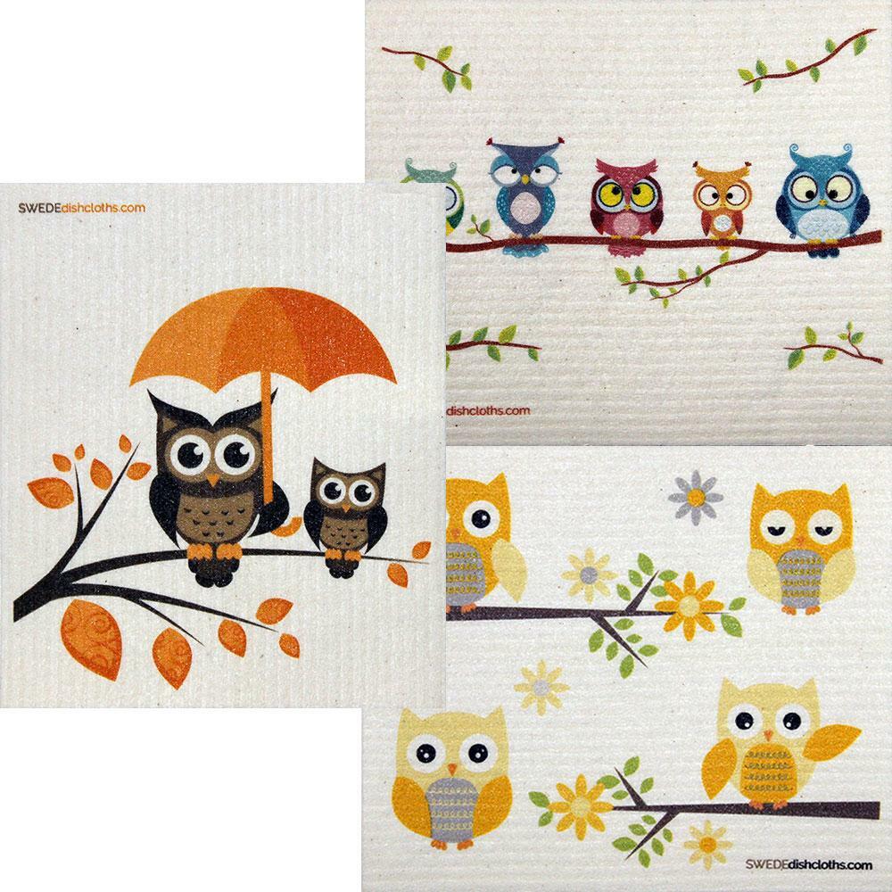 Mixed Owls Set of 3 cloths (One of each design) Swedish Dishcloths ECO Absorben