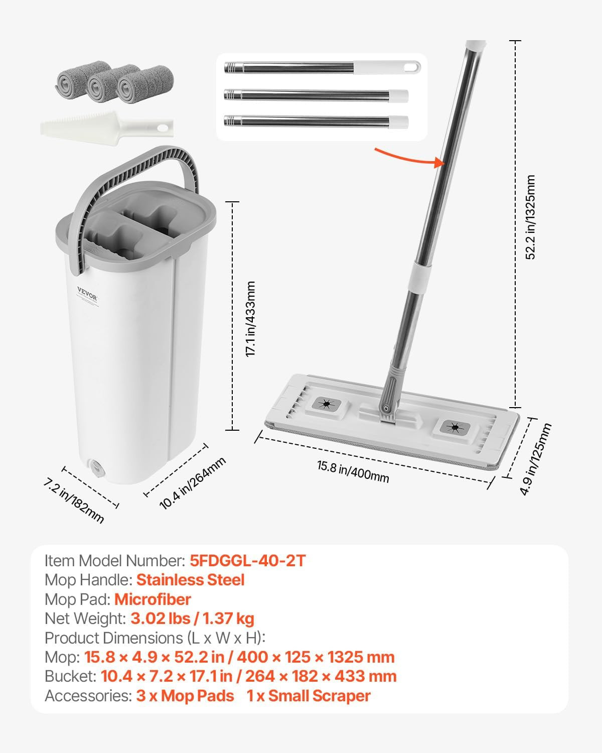 Mop and Bucket with Wringer Set, Wet & Dry Use, Flat Mop and Bucket System with