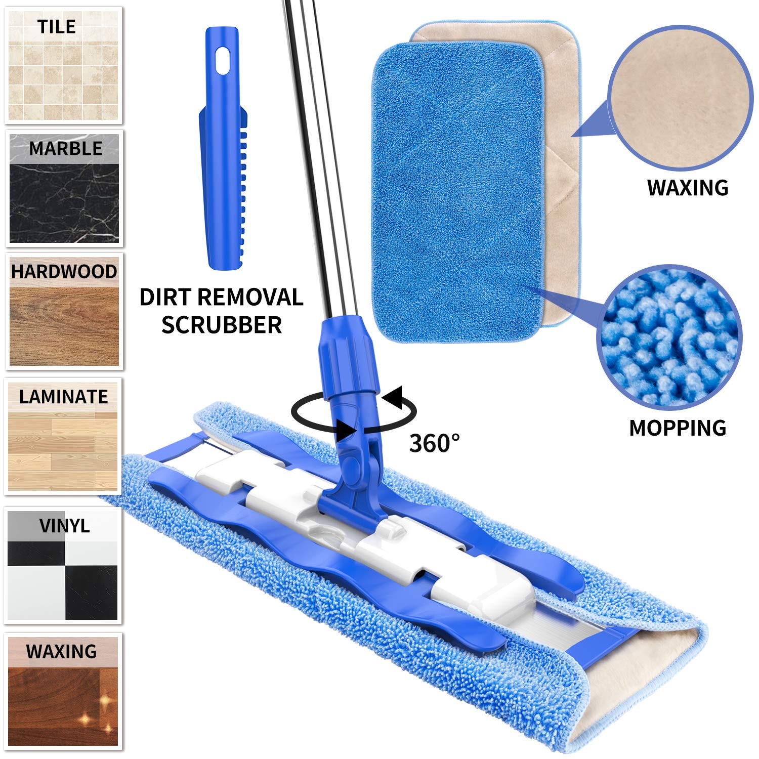 MR.SIGA Microfiber Mop with 3 Reusable Refills for Hardwood & Tile Floors