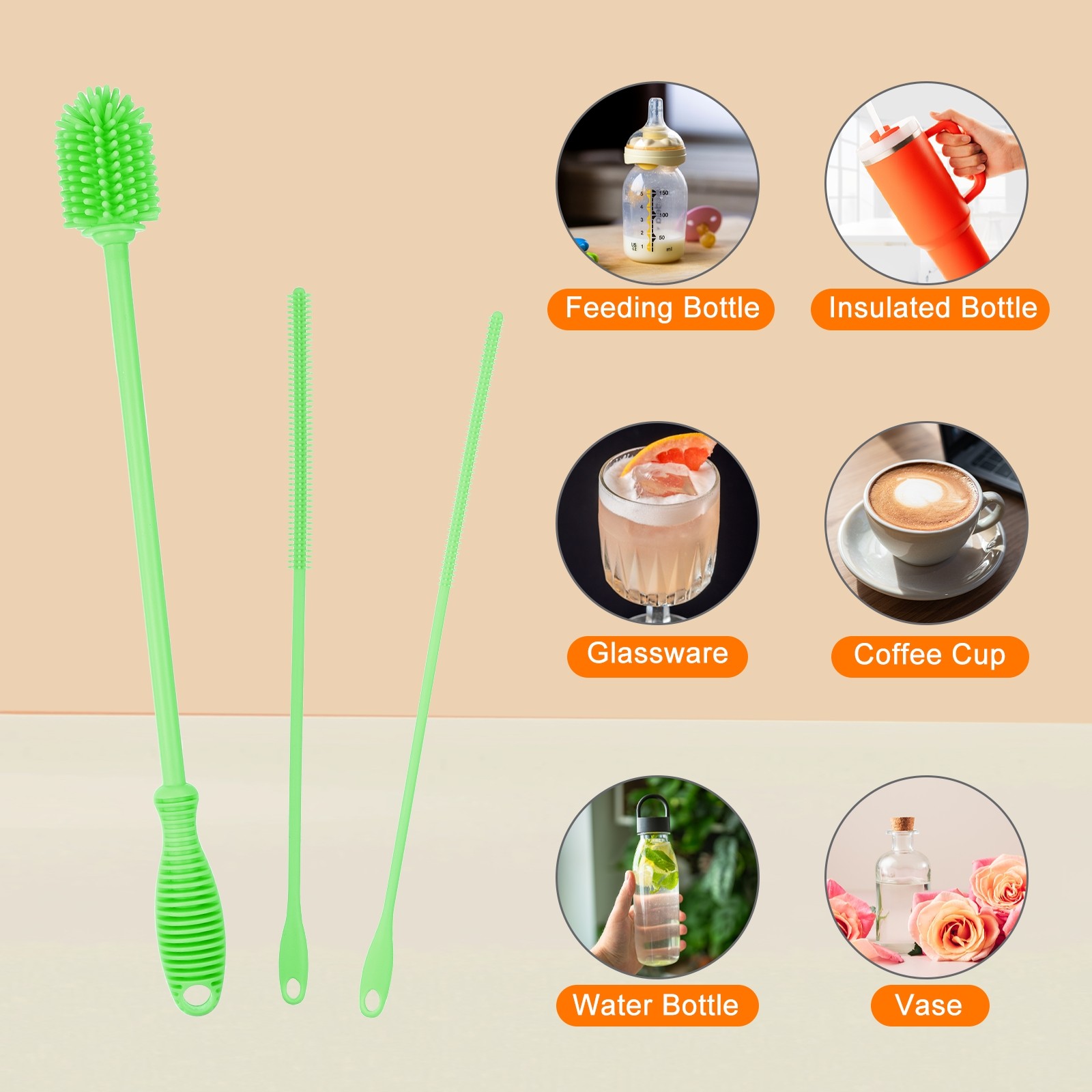 12.5″ Silicone Bottle Brush with 2 Straw Brush, Bottle Cleaner Brushes, Green
