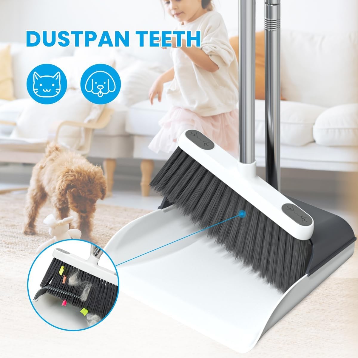 Stand Up Dustpan and Broom Set 50” Long Handle Broom with Dust Pan, 20° Angled
