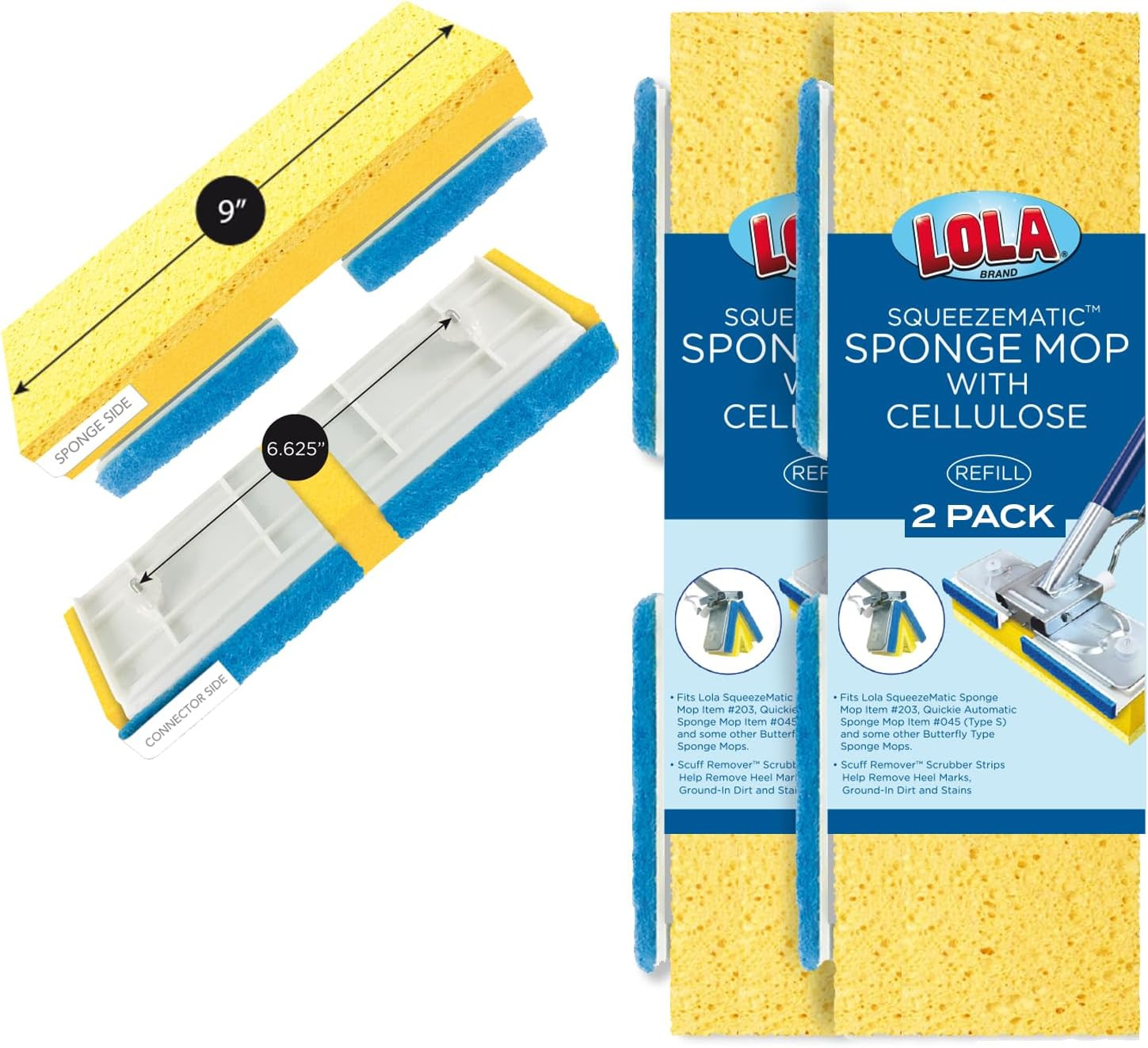 Cellulose Squeezematic Butterfly Sponge Mop Refill, 9″, 2 Pack, Floor Cleaning,