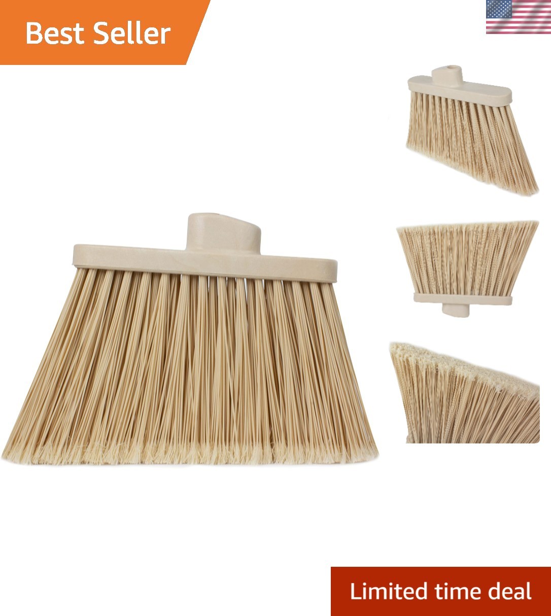 Angled 12-Inch Plastic Broom Head with Flagged Bristles for Indoor Outdoor Use