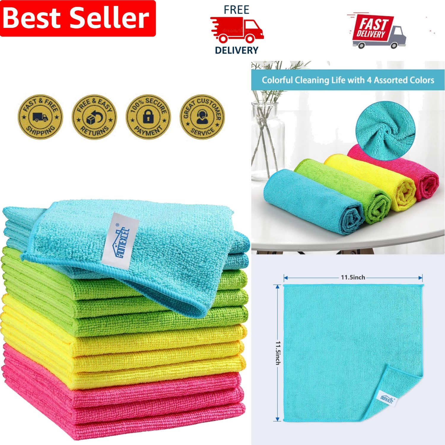 Versatile Microfiber Cleaning Rags – 12 Pack, Perfect for Kitchen, Glass & Cars