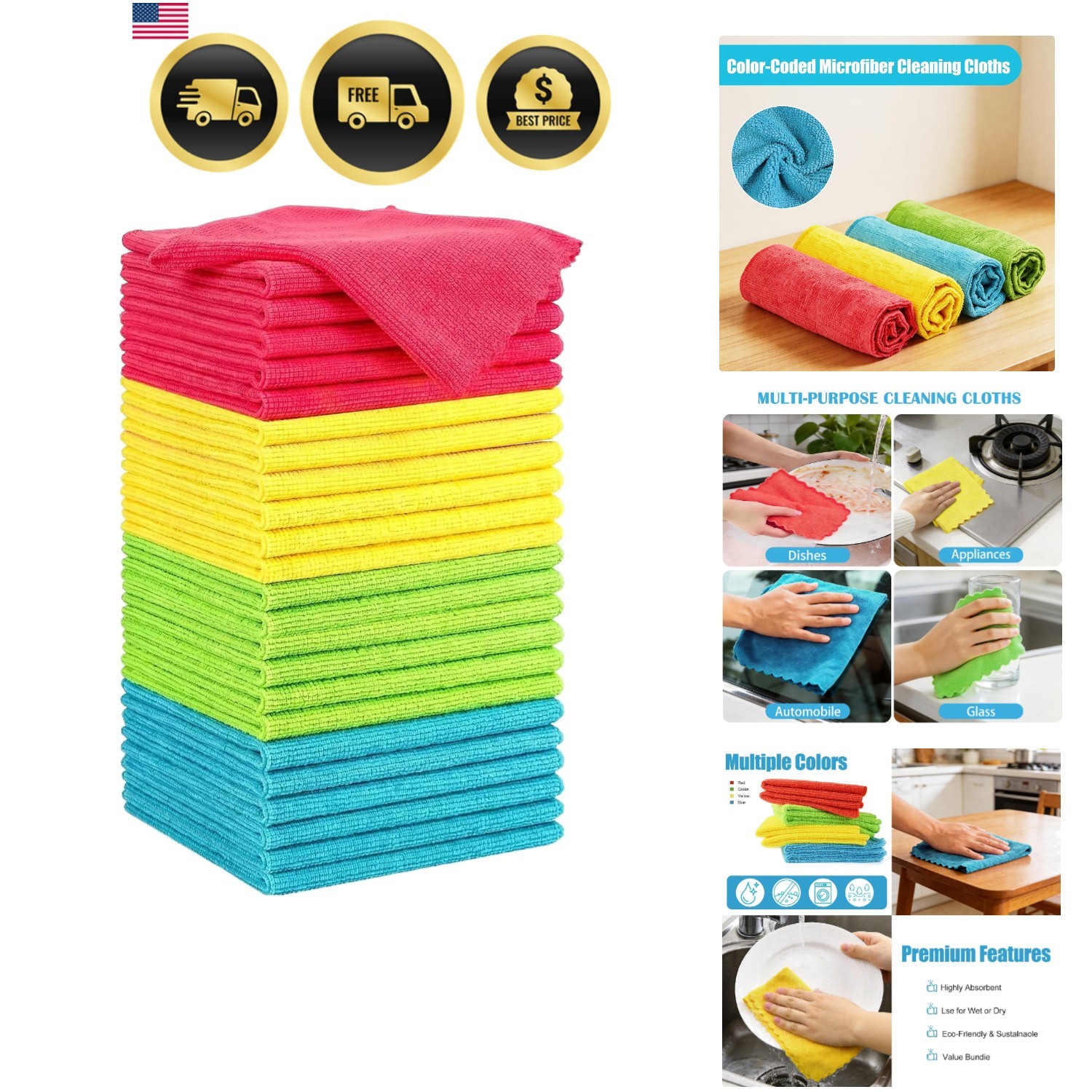 Microfiber Cleaning Cloth, 24 Pack Highly Absorbent Cleaning Rags, 4 Color Mi…