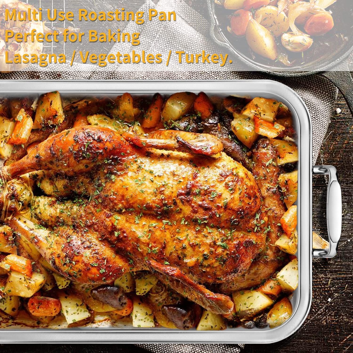 15 Inch Stainless Steel Roasting Pan with V-Shaped Rack and Turkey Baster – R…