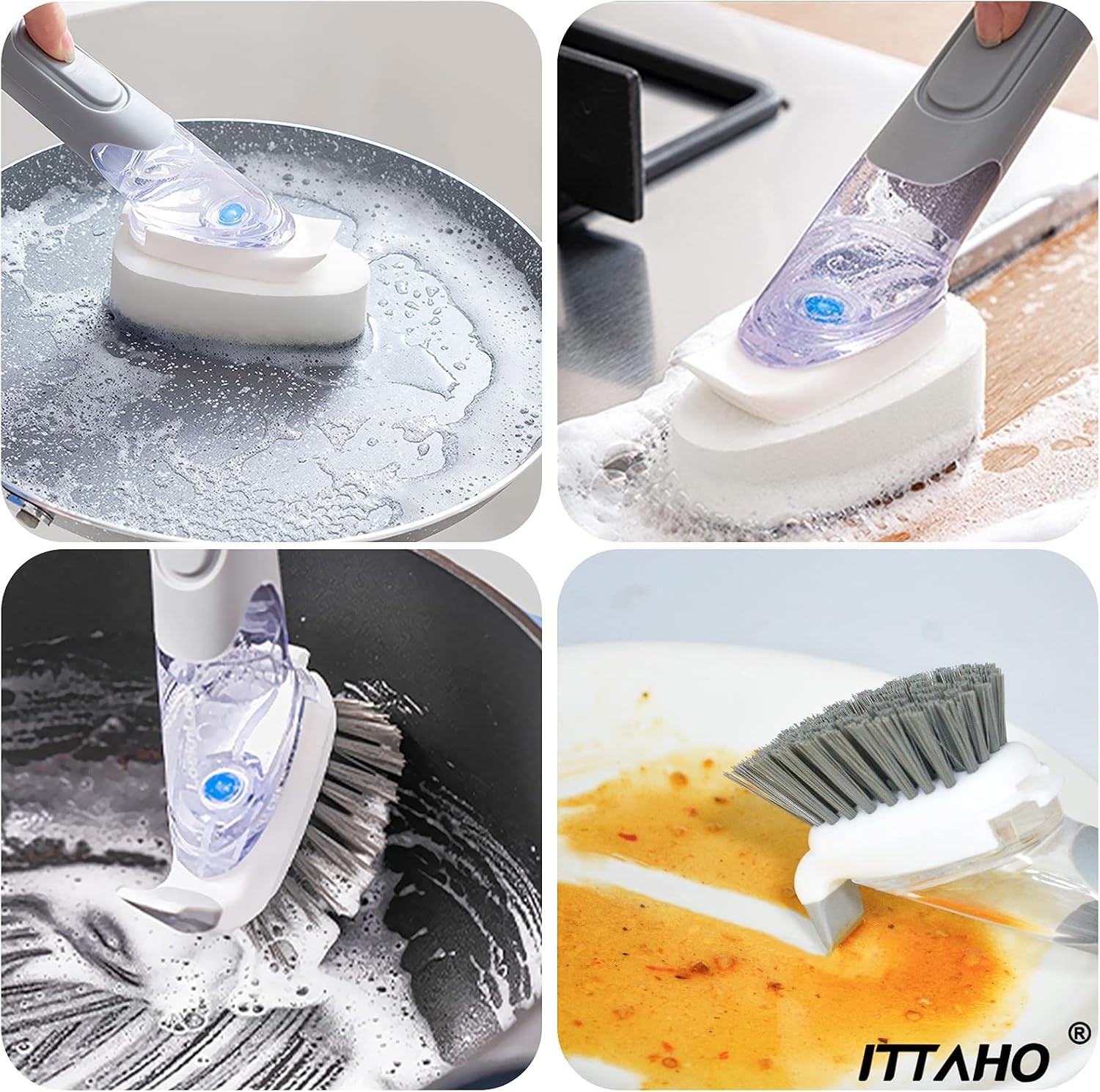 Dish Brush with Soap Dispenser & 3 Pack Dishwashing Sponge Refills Non Scratch,