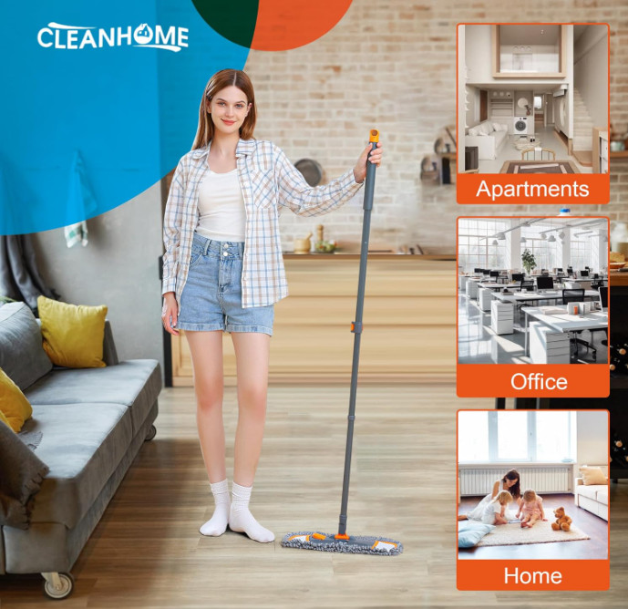 Mopa con mango extensible 55” y 3 paños lavables para suelos duros. Naranja