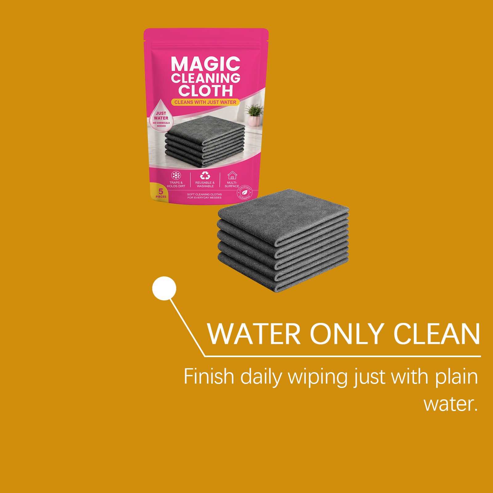 Magic Cleaning Cloth 5Pack Thick Microfiber Streak‑Free for Window Kitchen Reuse