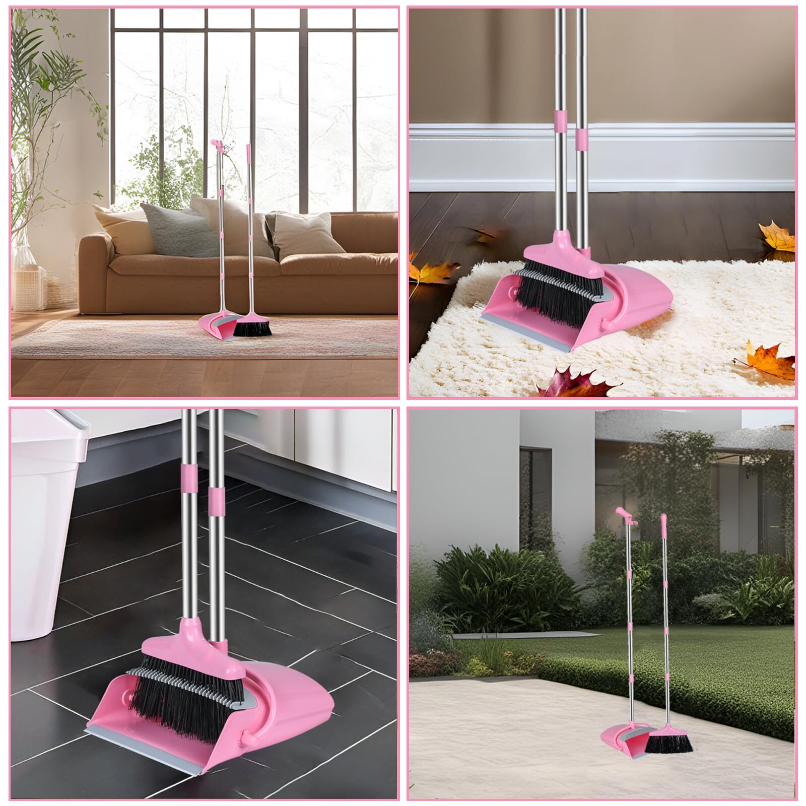 Pink Broom And Dustpan Set Broom With Dustpan Combo Set For Home Office Kitchen