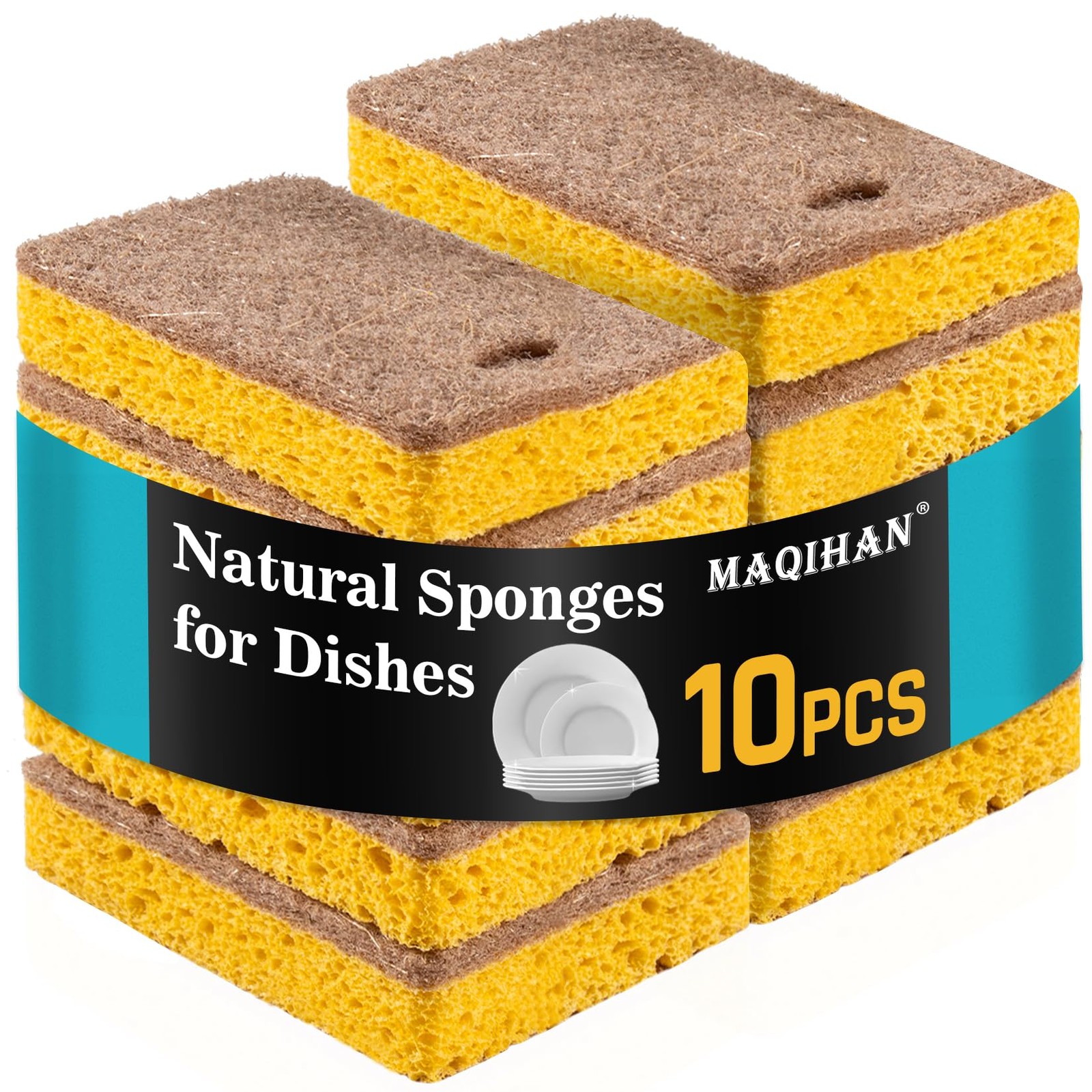 MAQIHAN 10PCS Natural Sponges for Dishes – Biodegradable 10pcs-yellow