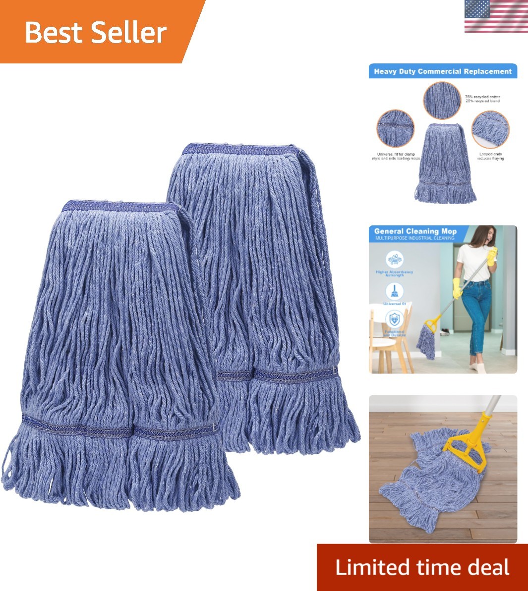 Commercial Mop Head Replacement Heavy Duty Cotton Looped End String Mop Blue …