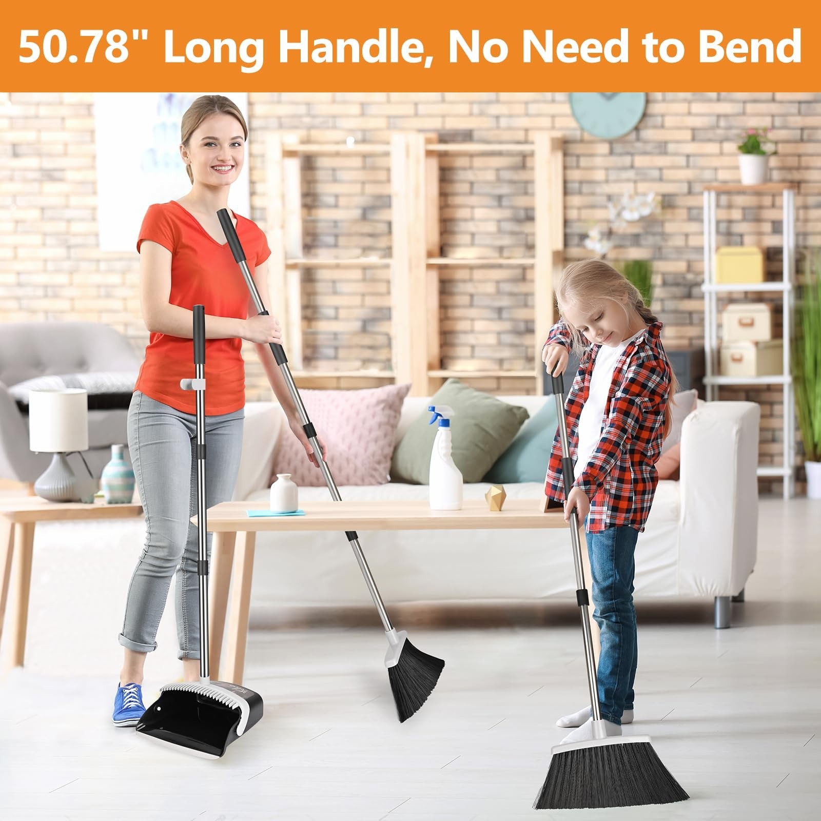 Heavy Duty Broom and Dustpan Set | 51″ Long Handle, Self-Cleaning, Indoor Outdoo