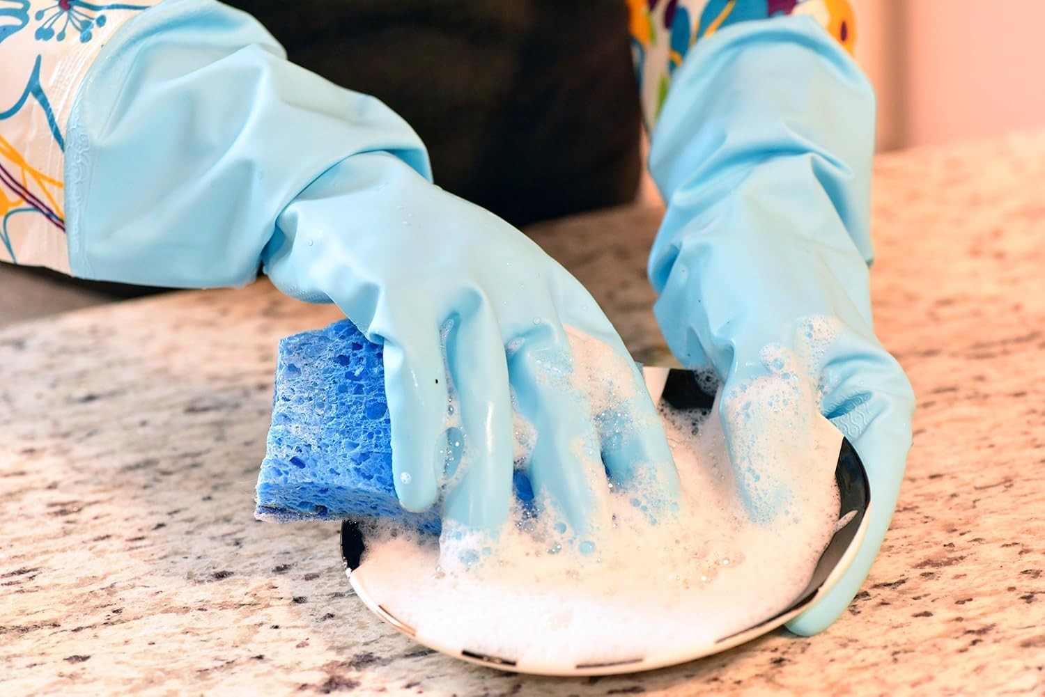 Stylish Pink/Blue 15-Inch Cleaning Gloves – Reusable with Soft Fiber Lining