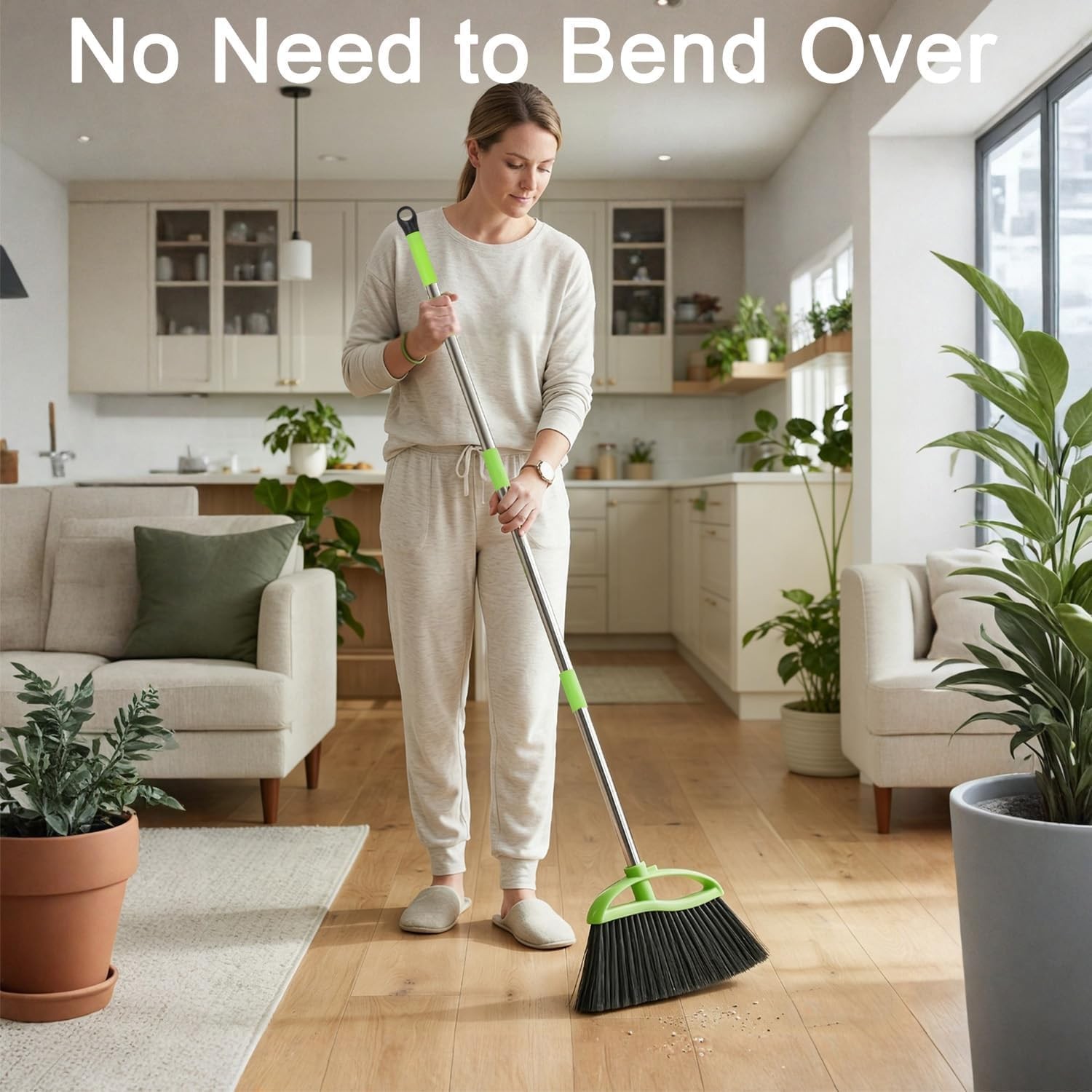 Soft Bristle Indoor Broom, Angle Kitchen Broom for Hardwood Floor Cleaning
