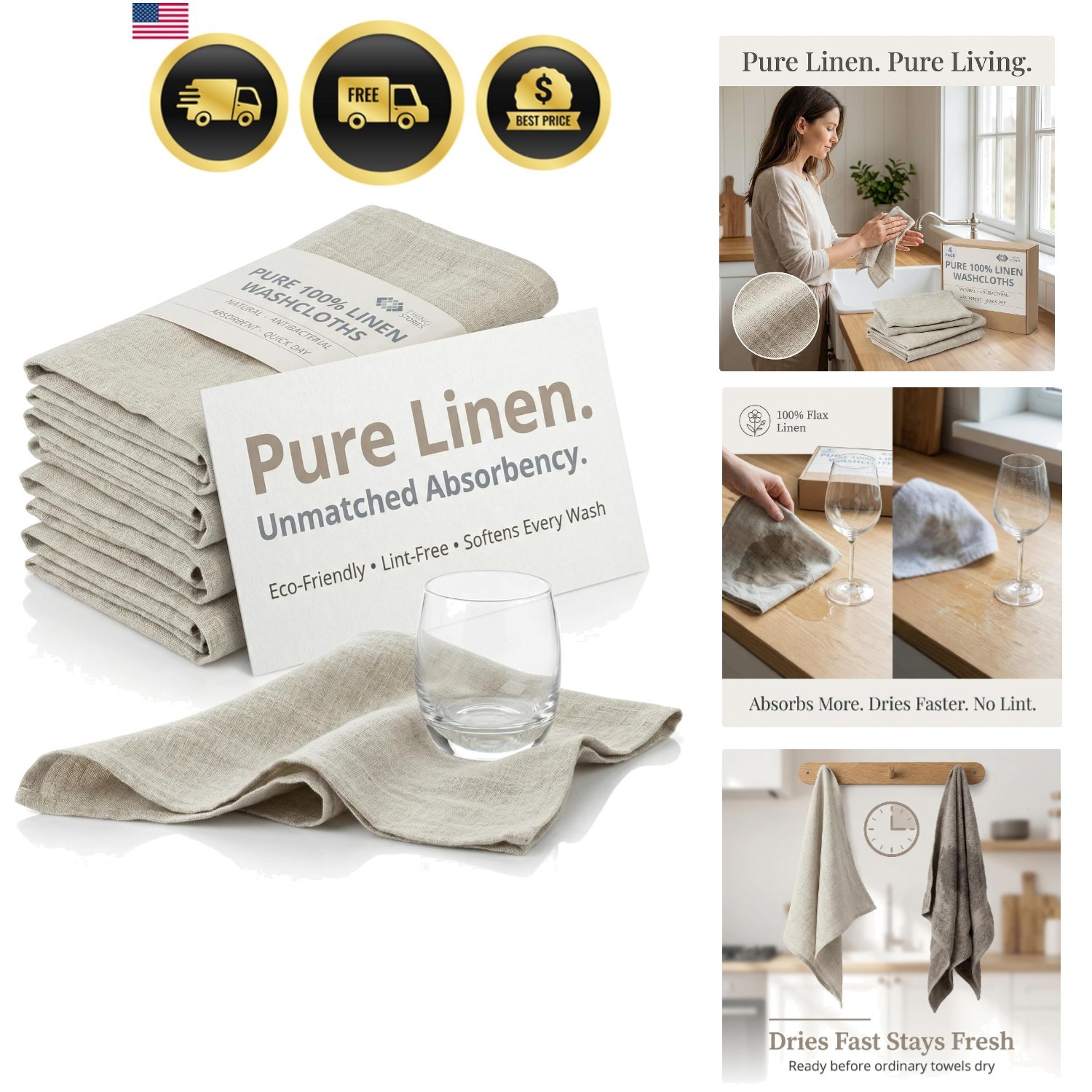 Pure Linen Flax Washcloths – 4-Pack Natural Dish Towels Set – Linen Tea Towel…
