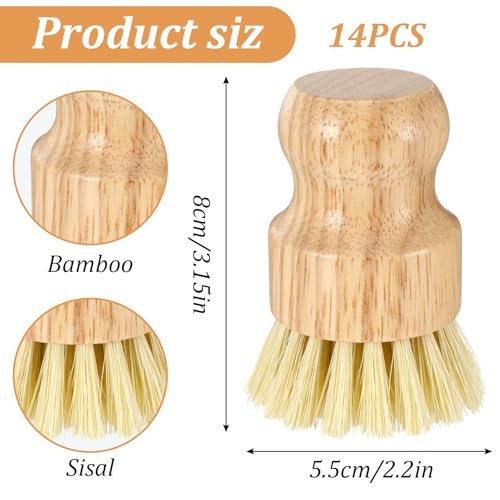 14 Pack Bamboo Dish Brush Set – Natural Sisal Scrubs for Pots Pans Sinks