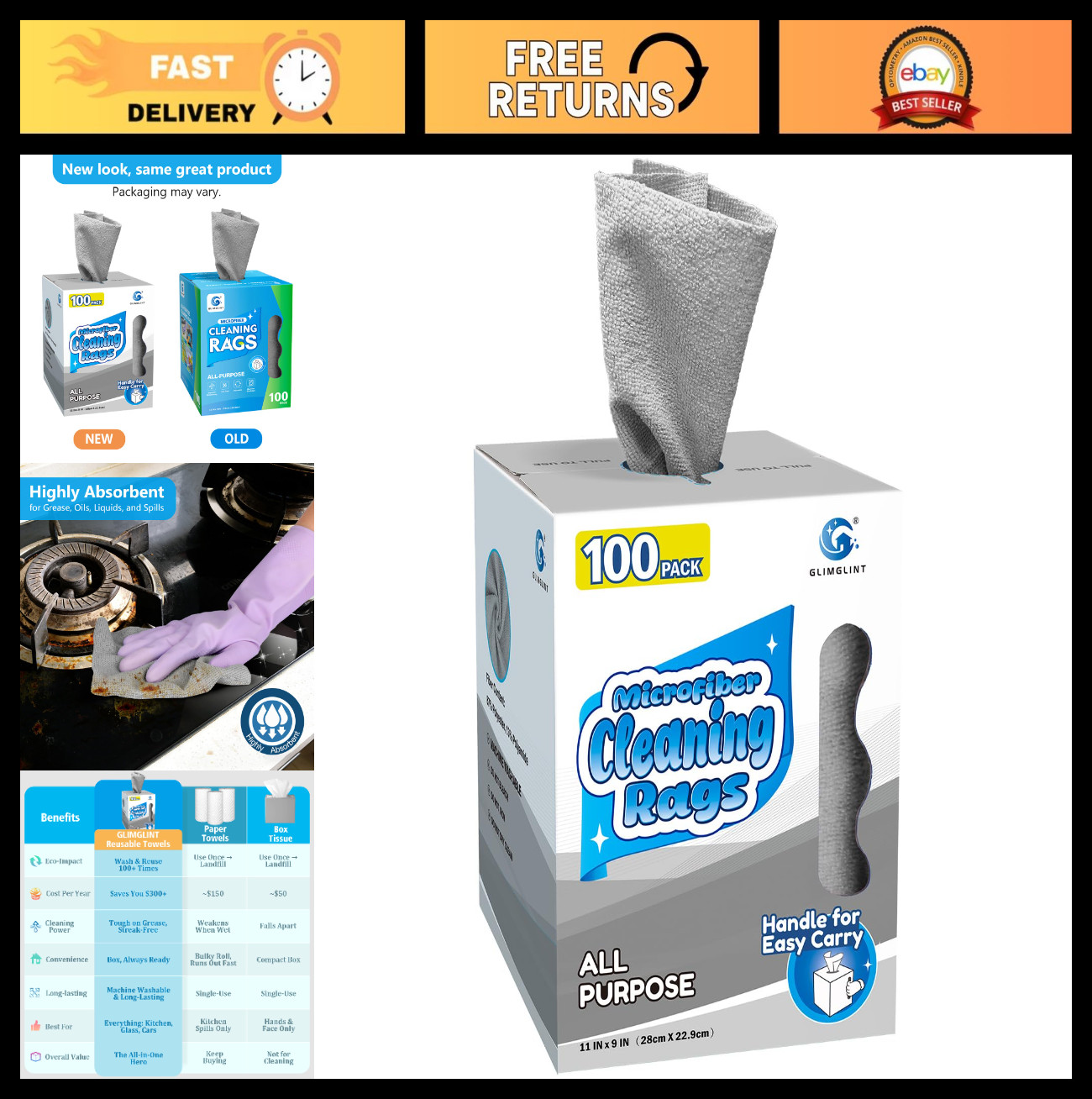 100 Pack Microfiber Cleaning Cloths – Lint-Free, Ultra Absorbent Rags for Home,