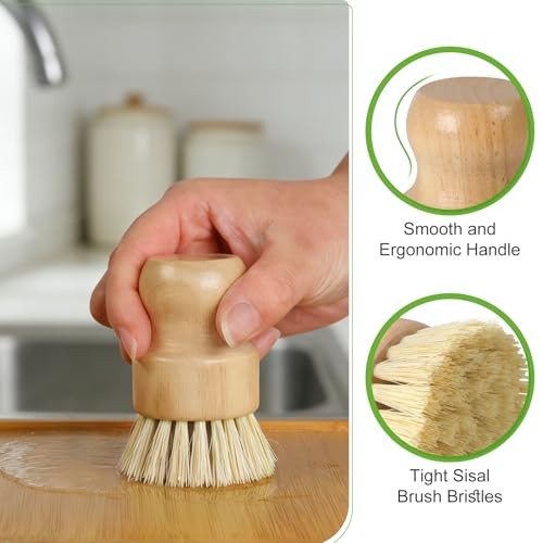 Bamboo Dish Brush Set – Natural Kitchen Scrub Brush with Sisal Bristles – 4 Pack