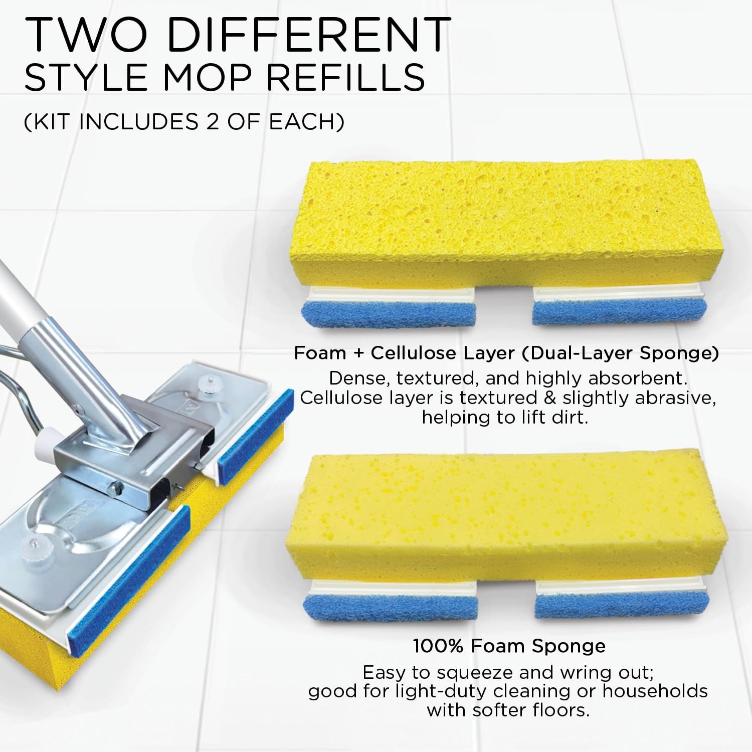 LOLA Squeezematic Butterfly Automatic Sponge Mop, 4 Mop Heads – 2 Foam w/ Cellul
