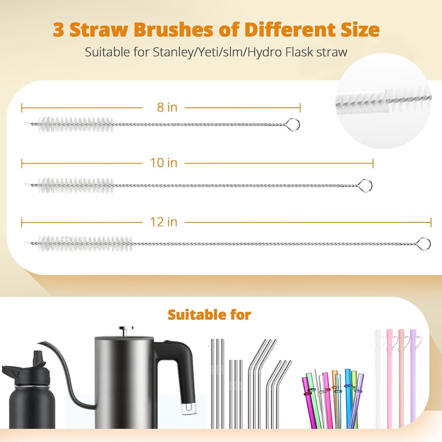 5 Pack Bottle Brush Set, 5-in-1 Water Bottle Cleaner Brush, 15″” Long Handle