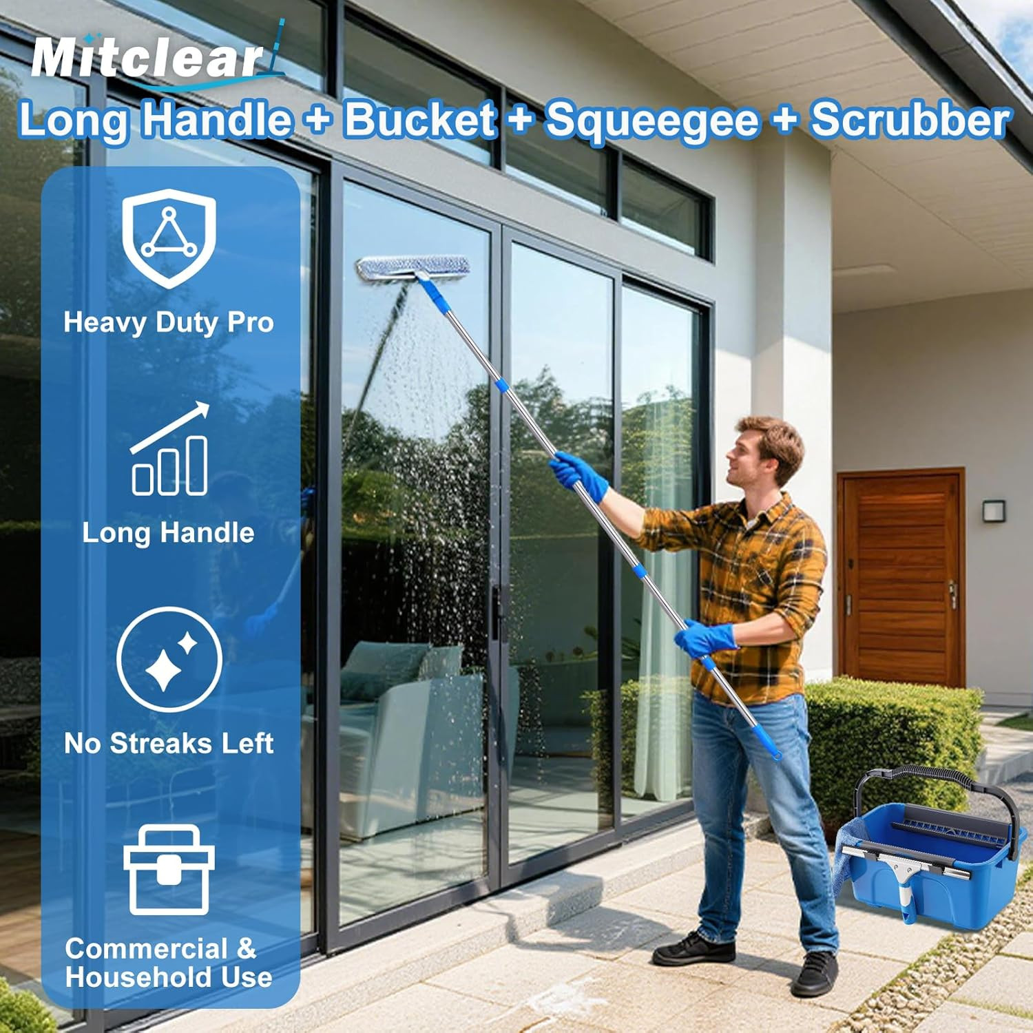 Professional Window Cleaning Kit with Bucket 3 Gallon, 14″ Window Squeegee Micro