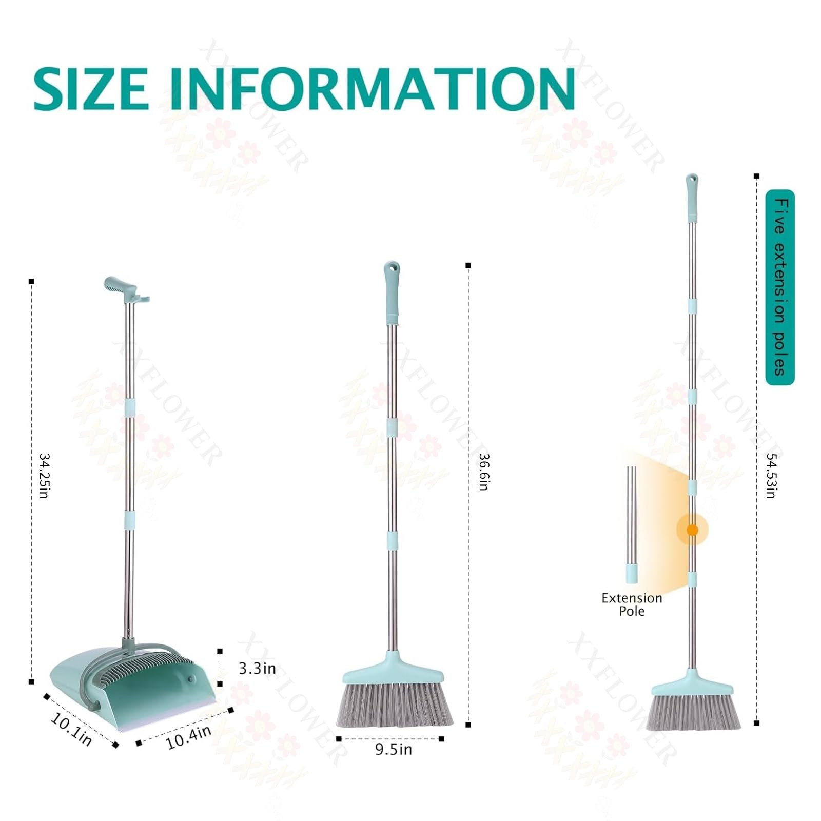 XXXFLOWER Broom and Dustpan Set with Cleaning Teeth 54.5 Long Handle Indoor