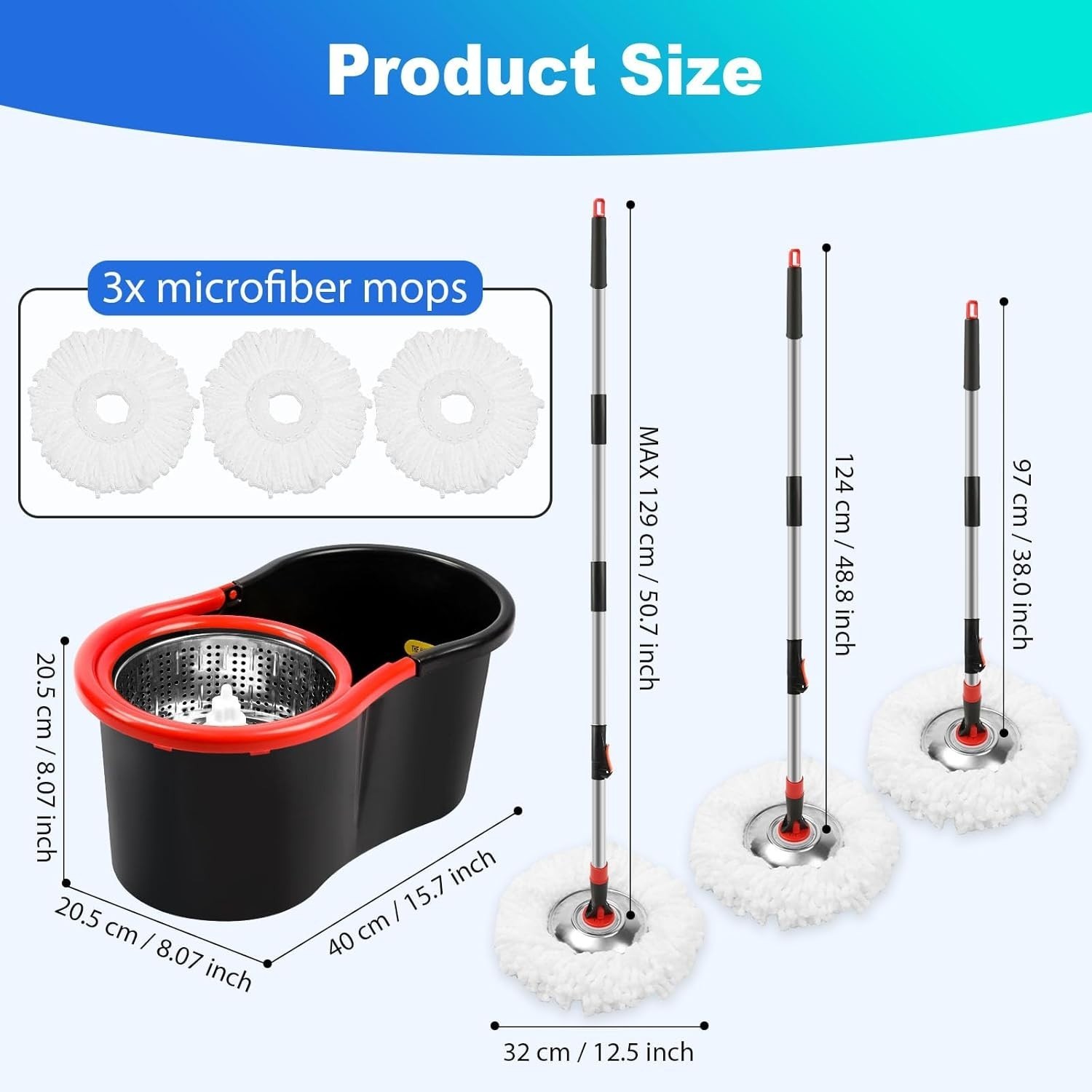 Spin Mop and Bucket with Wringer Set 360 Floor Cleaning 3 Microfiber Heads Black