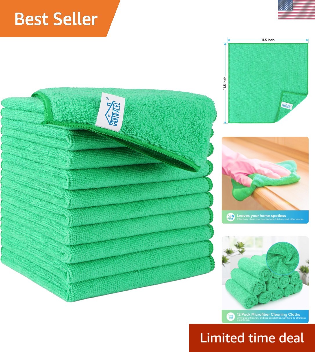 Versatile 12 Pack Green Microfiber Towels – Lint-Free & Highly Absorbent