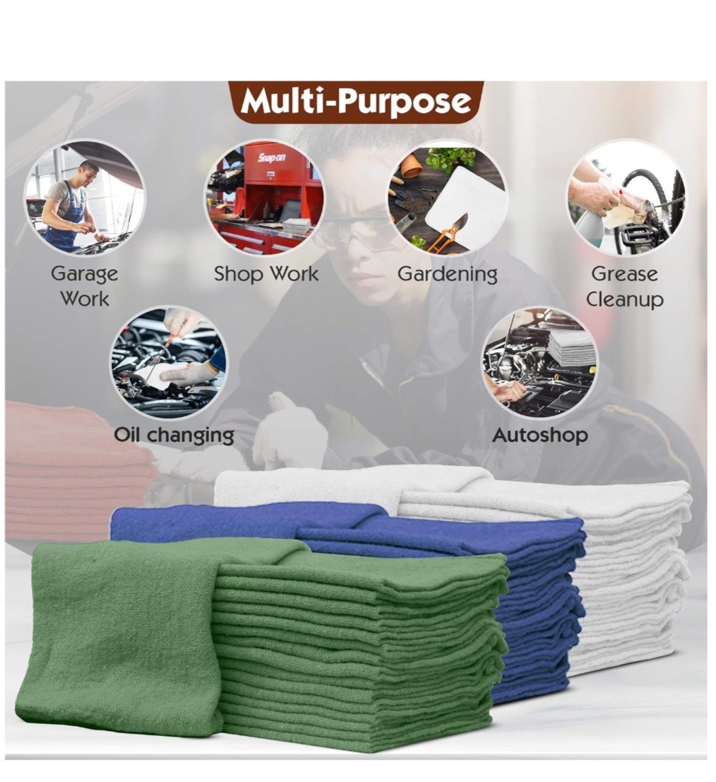 100 Pack Cotton Shop Towels Bulk Auto Mechanic Cleaning Rags Reusable Cloths Car