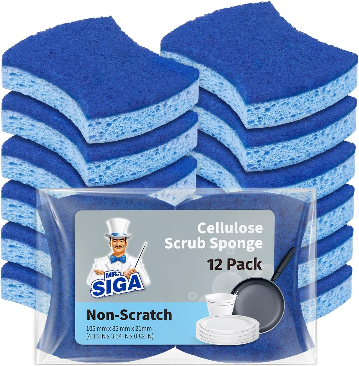 MR.SIGA Non-Scratch Cellulose Scrub Sponge, Dual-Sided Dishwashing Sponge for Ki