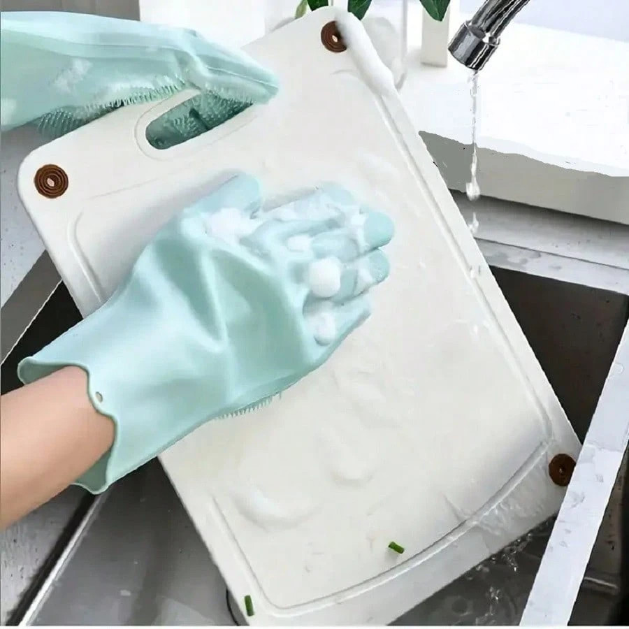 1Pair Dishwashing Gloves Waterproof Silicone Cleaning Scrubber Kitchen Tools USA