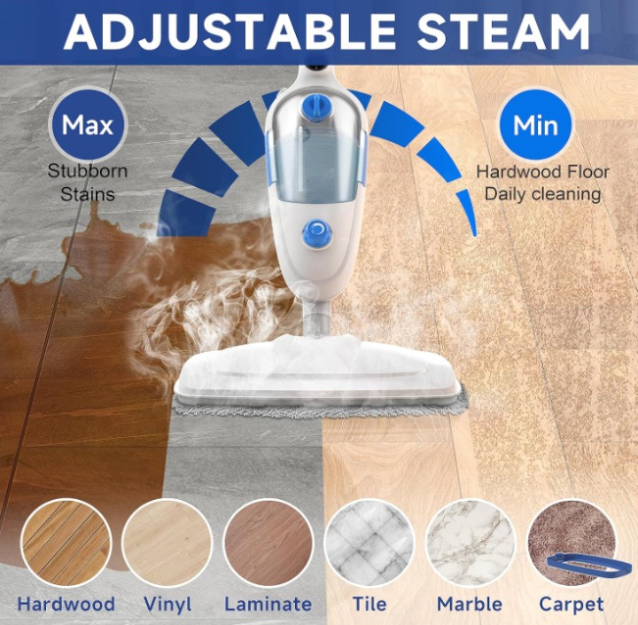 Mopa a vapor para pisos duros con vapor ajustable, cable largo y 2 paños, Nuevo